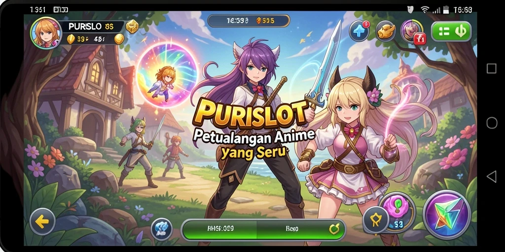 Tangkapan layar dari gameplay PURISLOT yang menampilkan karakter anime yang dinamis.
